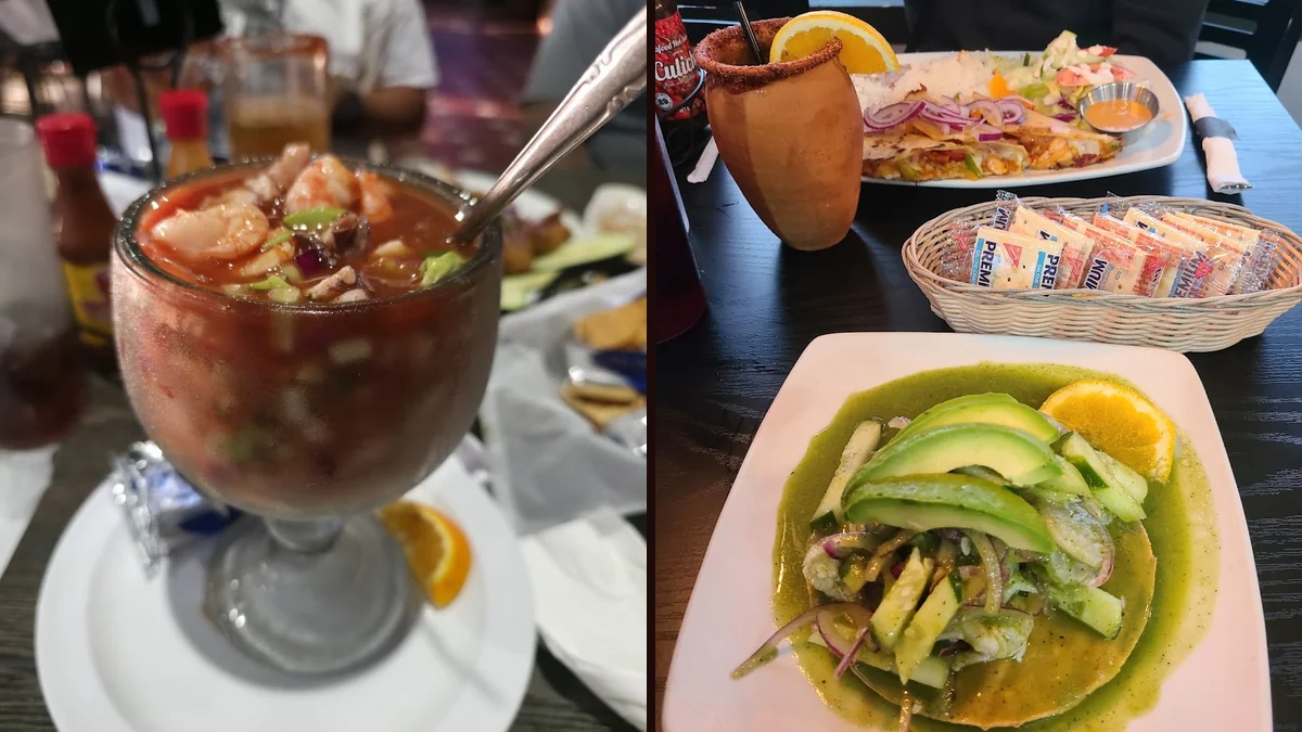 Shared plates beside drinks and napkins.